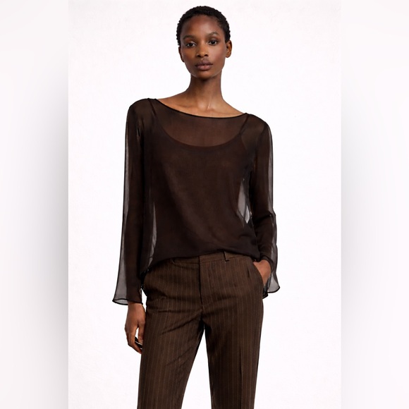 Harari Tops - HARARI 100% Silk Brown Sheer Blouse